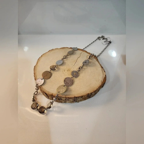 Chico's necklace with silver and gold-tone coin pendants & smoky quartz crystals - Picture 1 of 8